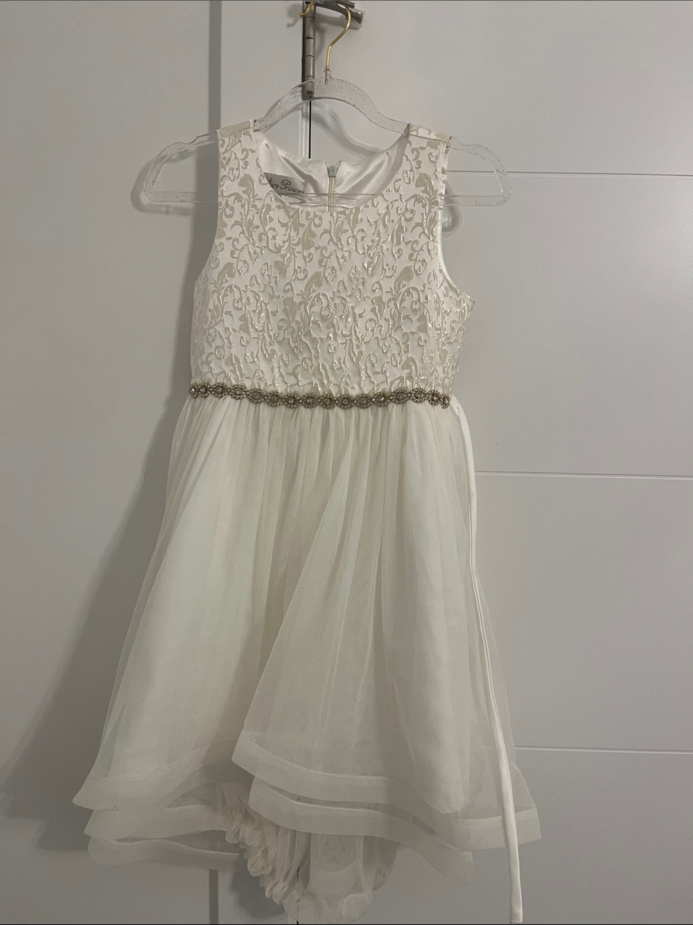 Ivory Lace & Tulle Girls' Formal Dress with Gold Beaded Waist